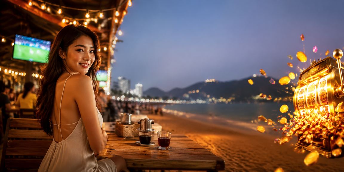 Người dùng tại Vũng Tàu chơi slot game bên ly cà phê sáng nhìn ra biển